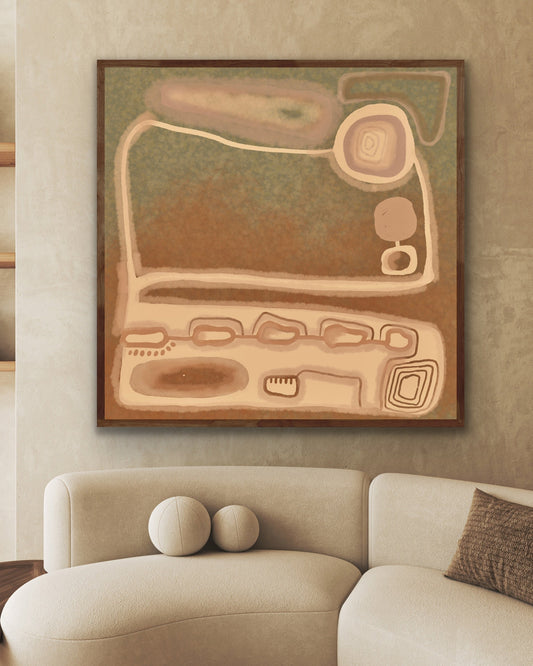 Living room with a beige sofa, abstract art on the wall, and shelves with decorative items.