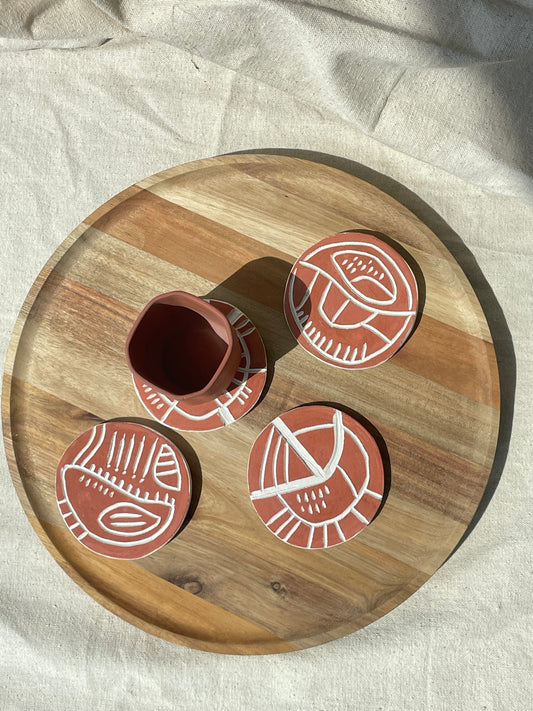 Matte Terracotta Set of 4 Hand made kiambu ceramic Coasters : Signed by Ruth ( only one set left