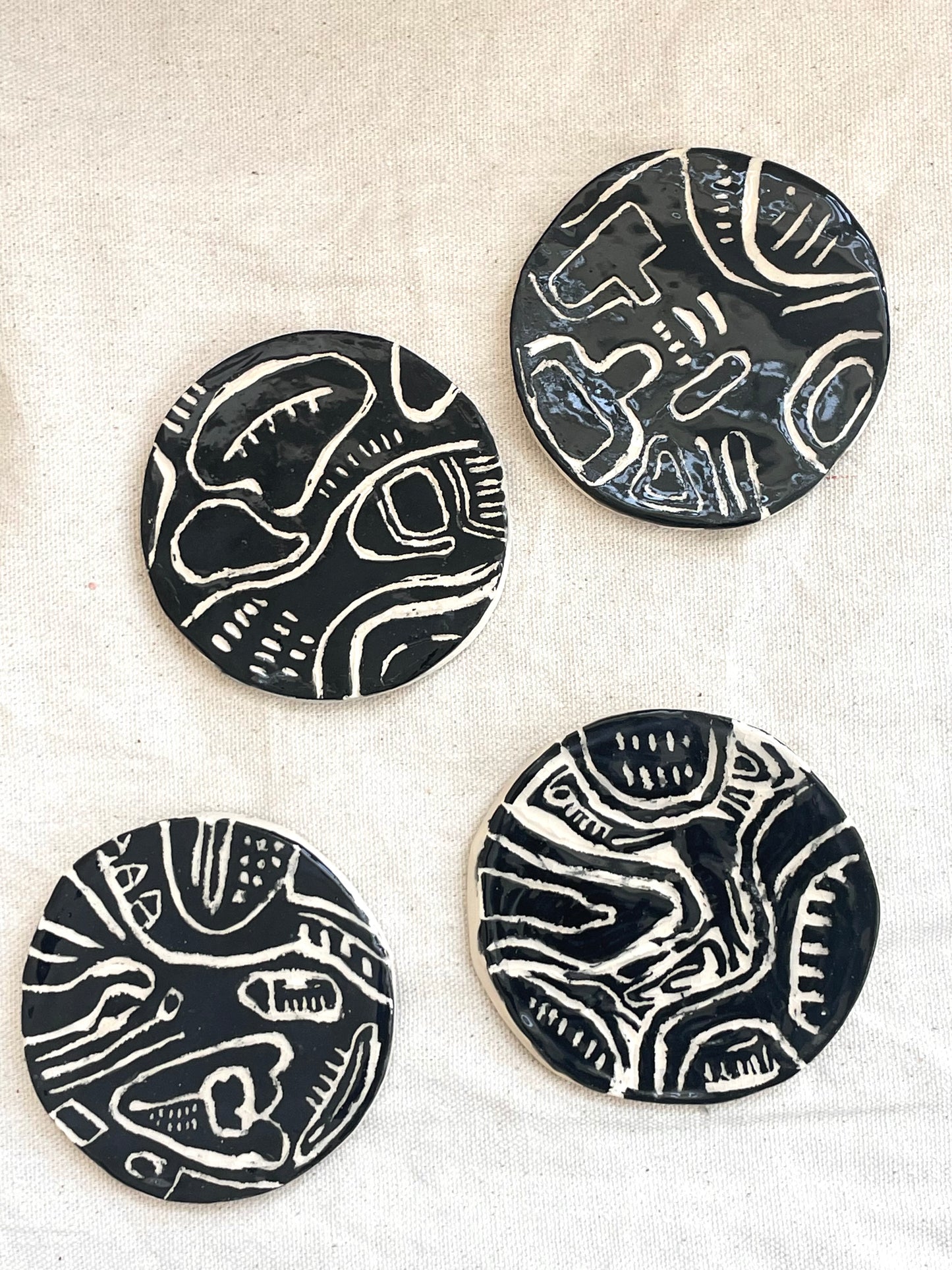 Set of 4 Hand made kiambu Collection round ceramic Coasters : Signed by Ruth